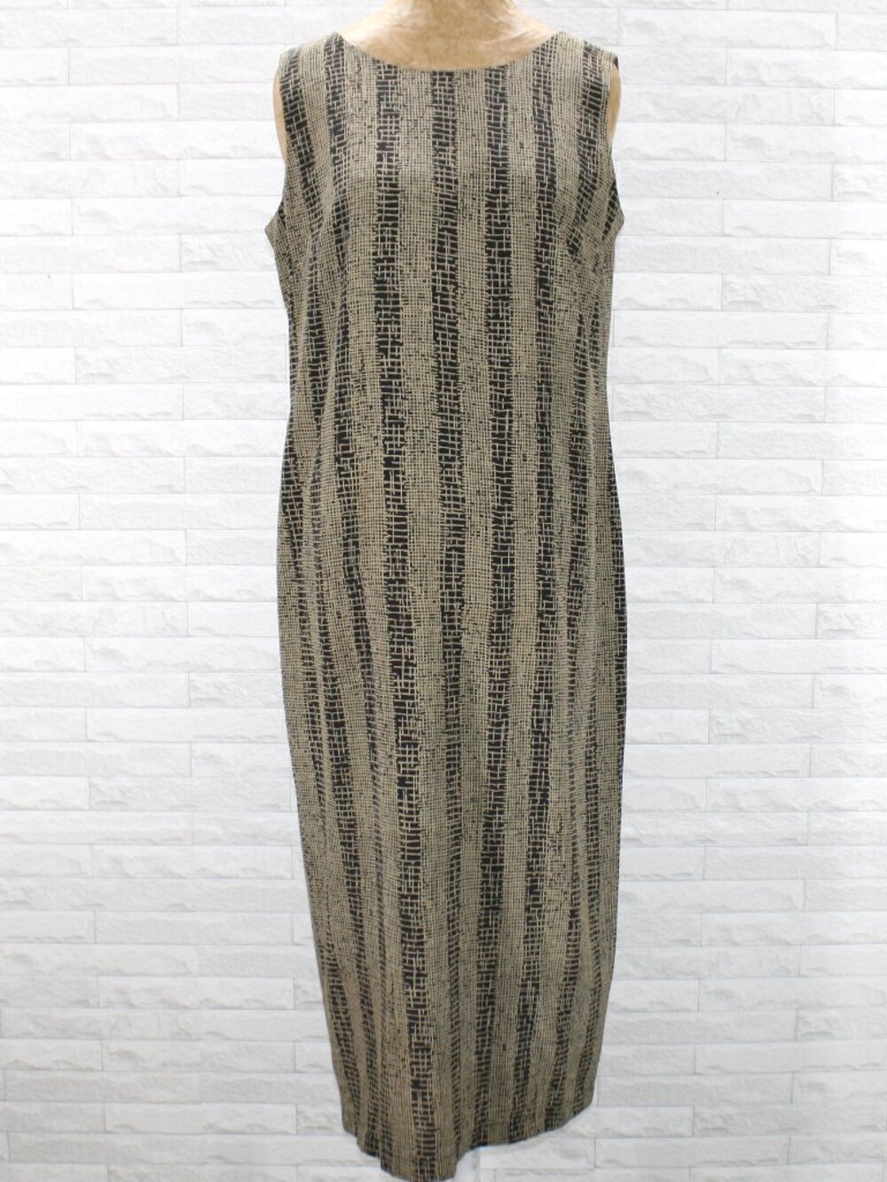 VINTAGE LESLIE FAY Dress Shift Midi Stripe Sleeveless Neutral Tan Black 12